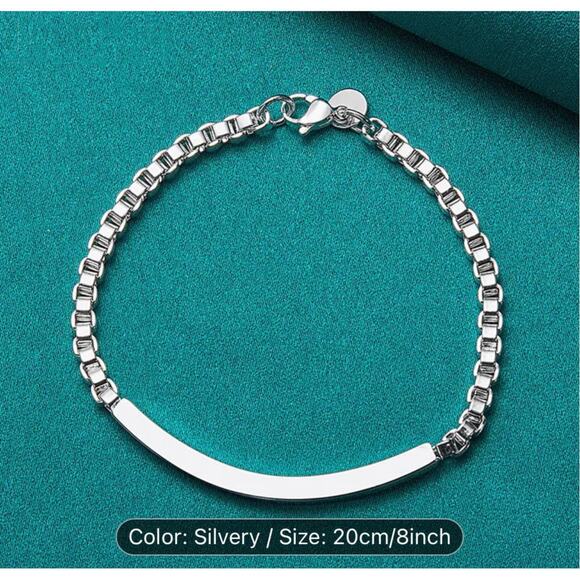 925 Sterling Silver Plated Bracelet Unisex Curved Bar on Box Chain NWT - Picture 1 of 5